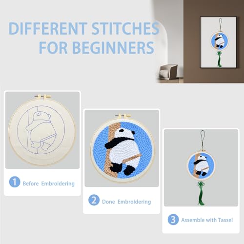 Image of Danvk Panda Punch Embroidery Kit with Embroidery Fabric, Hoop,Scissor,Punch Needle and Yarns, Hand Craft Gift,DIY Embroidery Kits, Hand Punch Needle Kit for Women and Beginners(Panda-Climbing)