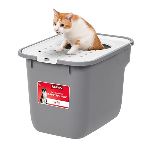IRIS USA Large Cat Litter Box Top Entry with Lid, Enclosed Litter Box with Litter Catching Lid & Scoop, Covered Cat Litter Box Enclosure for Privacy, High Sided, Gray/White