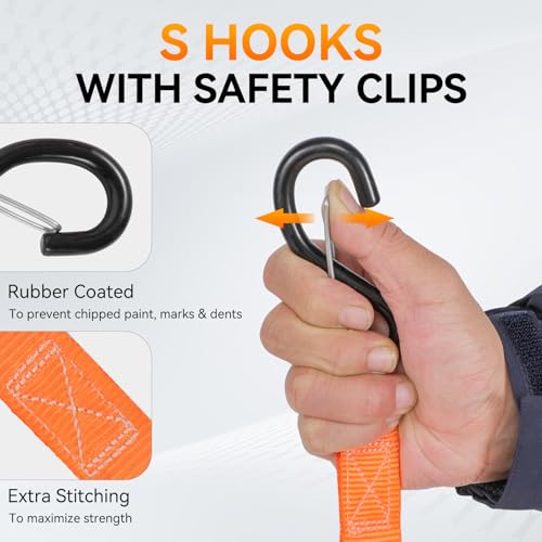 Tie Down Straps Ratchet Set, Ratchet Straps Heavy Duty 1500 LBS Break Strength Tie Downs, Ratchet Straps with S Hooks & Safety Clips, Soft Loops & Storage Bag for Motorcycle Trailer UTV Cargo - image 3