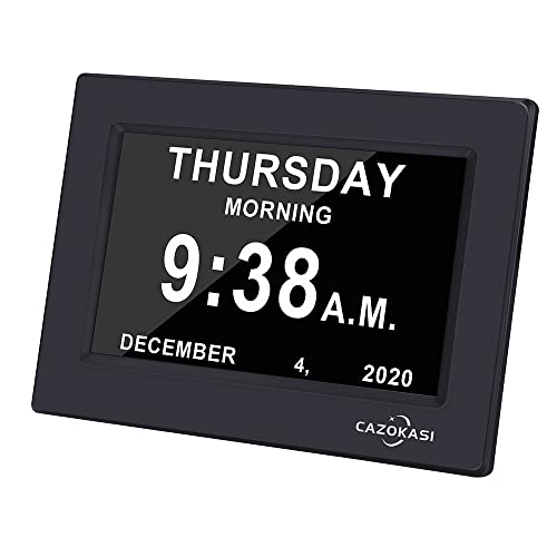 CAZOKASI Auto Dimmable Calendar Day Clock Digital Photo Frame HD Display 12 Alarms Extra Large Impaired Vision Digital Clock with Non-Abbreviated Day & Month Alarm Clock(Black / 7inch)