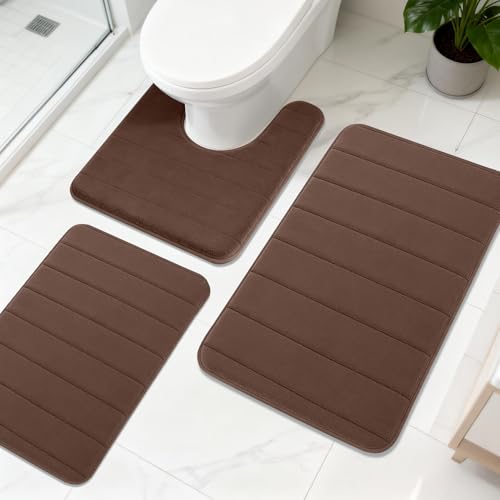 KescherAb Bathroom Rugs Sets 3 Pieces Thicker Memory Foam Bath Mat with Non Slip Backing Machine Wash Dries Quickly Ultra Soft Coffee Bath Carpet with Toilet Rug for Bathroom Kitchen Tub