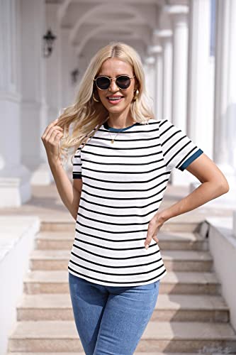 Womens T Shirt Short Sleeve Crew Neck Basic Color Block Tee Tops - Image 3