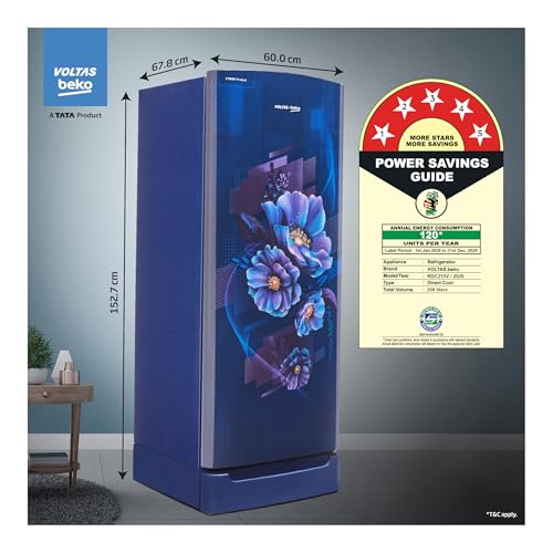 Image of Voltas Beko, A Tata Product 208 L, 5-Star Single Door Direct Cool Refrigerator with Fresh Box Technology (RDC240V / 5W0BBR0M0B00GO, Bonita Blue)