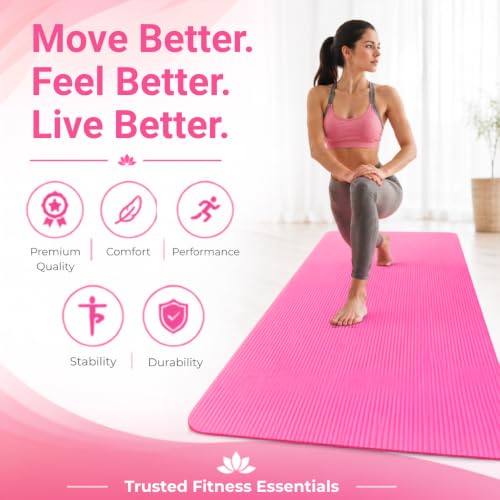 Image of Yoga & Exercise Mat with Carry Strap | Nitrile Butadiene Rubber (NBR) Anti-Slip Workout Mat for Yoga, Pilates, Meditation, Stretching & Home Gym Fitness | Men & Women (Pink-8mm)