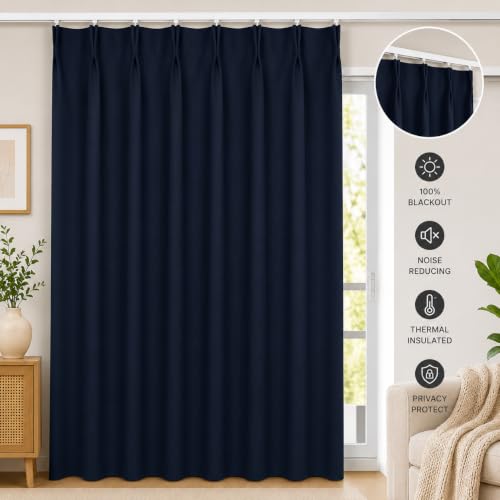 Image of KALIYO Blue Blackout Pinch Pleat Curtains for Living Room & Bedroom | Room Darkening Curtains | Pinch Pleat Header| Noise Reducing | 5 FT | Pack of 2