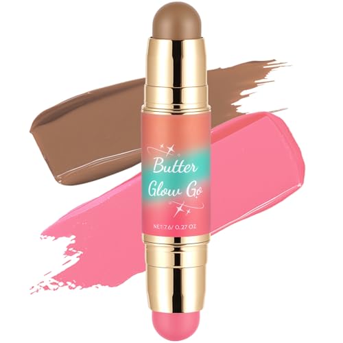 Dual-Ended Blush and Bronzer Stick 2-in-1 Creamy Face Cheeks Contour Makeup Smooth Hydrating Formula Buildable Color for Natural Radiant Glow Beauty For Women (Sunkissed Rose)