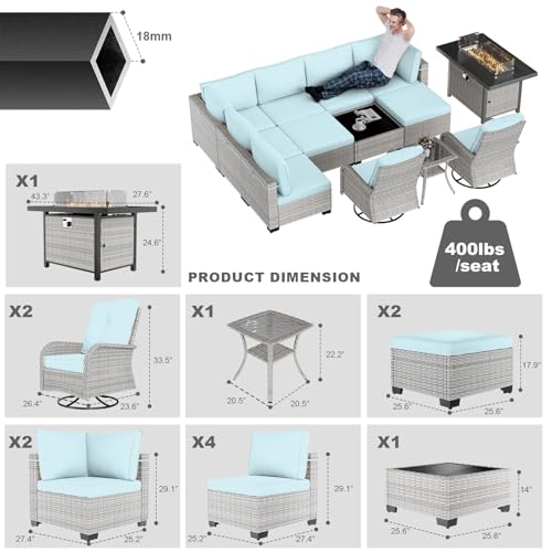Image of 13-Piece Patio Furniture Set, Outdoor Patio Furniture with Swivel Chairs Set, Ottomans, 55,000 BTU Fire Pit Table, Modular Patio Sofa, Dual-Strand Wicker Rattan, Rust-Resistant Frame, Light Blue