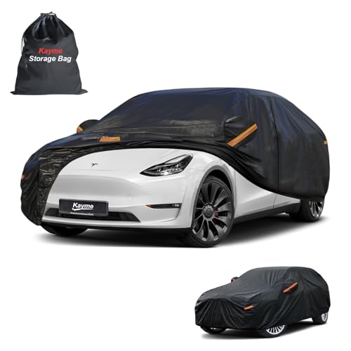 Kayme 7 Layers Car Cover Custom Fit for Tesla Model Y Waterproof All Weather for Automobiles Outdoor Full Car Cover Sun Rain UV Snow Protection.with Zipper and Charging Port. Black