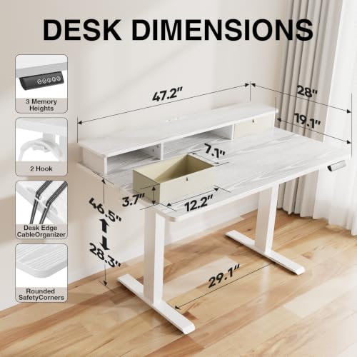 Image of Veken 47x28 in Electric Standing Desk with Drawers, Adjustable Table, White | Stand up Computer Desk for Home Office, Work & Study, with Storage, 3 Memory Presets, Cable Organizer, Hook, and Quiet Lift.