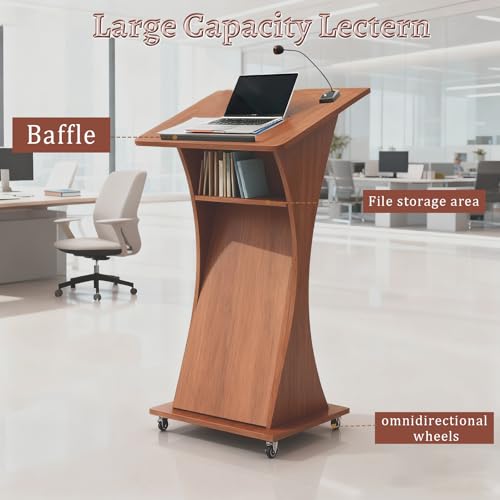 Image of Portable Mobile Wooden Podium Stand with Lockable Wheels, Lightweight 42.5 inch Rolling Lectern for Churches, Ideal for Presentations, Events, and Public Speaking