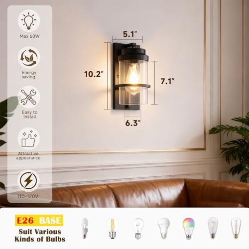 Image of Modern Farmhouse Black Wall Sconce,Glass Wall Light Fixture,E26 | Industrial hardwired indoor fixture,ideal for bedroom,hallway,bathroom and living room,modern style home decor with E26 base.