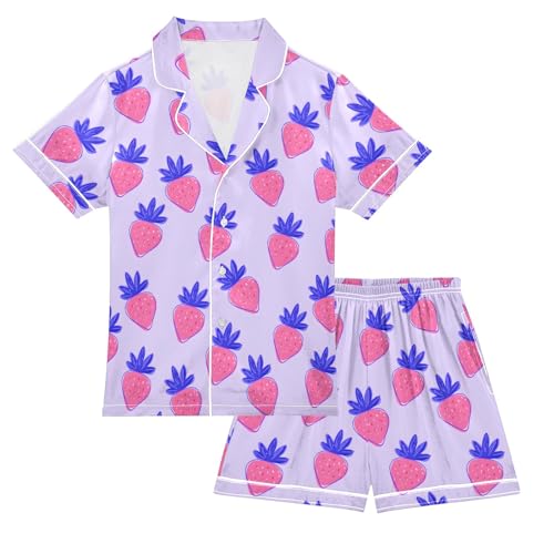 Strawberry Purple Cute Cartoon Pattern Summer Satin Pajama Set, Cute Button-Down Sleepwear Pj Set for Sleep Wears