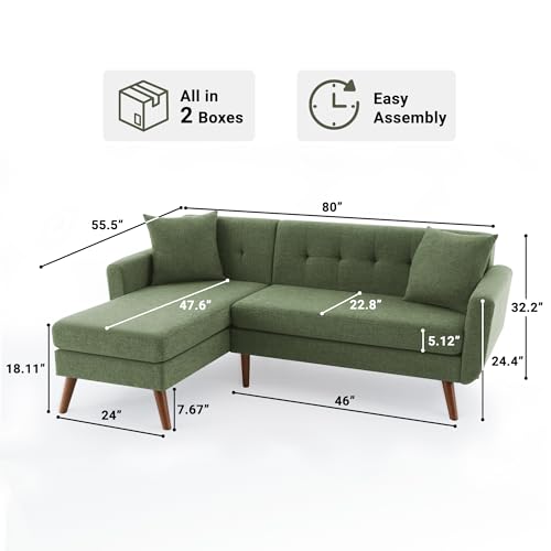 Tbfit L Shaped Couch Sofa, 80" W Mid-Century Modern Sectional Couches, 3 Seater Sofas with Wide Chaise Lounge & Two Pillows,Button Tufted Upholstered Sectional Sofa for Living Room, Bedroom, Green
