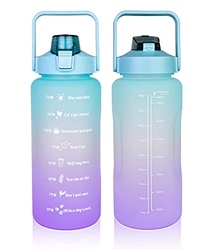 Image of 2 Liters Sports Water Bottles,Portable Wide Mouth Bottle Leakproof Plastic Space Cup Travel Mugs with Straw for Outdoor Sports (Gradient Blue)