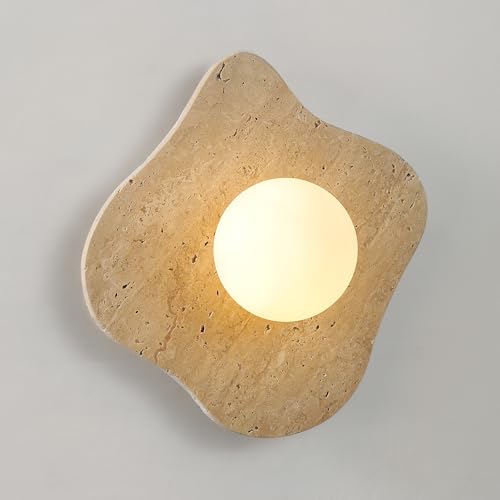Image of Round Alabaster Wall Sconce, Modern Bathroom Light Fixture with Natural Marble Shade for Bedroom, Hallway, Stairs (Hardwired)