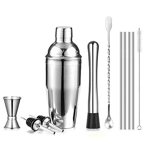 Cocktail Shaker Set for Professional Bartender and Home Bar including 24oz Martini Shaker, Measuring Jigger, Muddler, Mixing Spoon, 2 Liquor Pourers, 4 Drinking Straws & 1 Brush