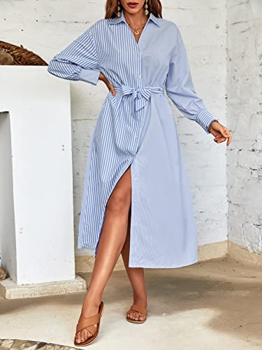 Neeno Women's Dresses Striped Drop Shoulder Belted Shirt Dress Dress for Women (Color : Blue and White, Size : Large)4
