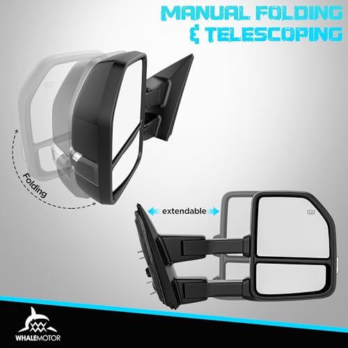 Image of Smoked Power Heated Tow Mirrors Compatible with 2004-2014 Ford F150 F-150 Pickup Truck, Extended Trailer Towing Side Mirrors with LED Puddle Light, Carbon Fiber Grey Housing