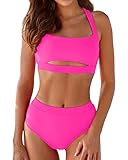 Womens Cutout Bikini Sets Two Piece High Wasited Swimsuit Criss Cross Back Bathing Suits Square Neck Sporty Swimwear Red