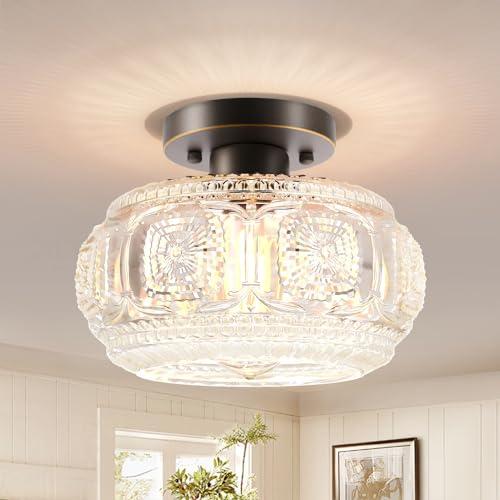 Image of Glass Semi Flush Mount Ceiling Light Fixture, Oil Rubbed Bronze