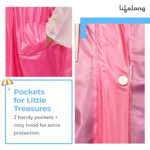 Image of Lifelong Kids Solid Textured PVC Raincoat| School Bag Extension & Side Pocket | Rain Coat| Raincoat for Boys & Girls | Kids Raincoat | Waterproof Rainwear with Carrying Pouch, 6-7 YRS (Pink & White)