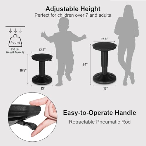 Image of SIMOE Black Wobble Stool for Classroom Seating, 24 Inch Active Learning Chair with Adjustable Height, Flexible Sitting Balance Stool for School and Office Stand-Up