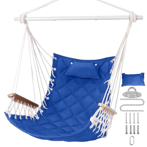 Image of Hammock Chair Hanging Swing with Wooden Armrest;Steel Spreader Bar,Pillows,Hardware kit Included;Cotton Woven;Up to 350 Lbs,for Indoor Outdoor Blue