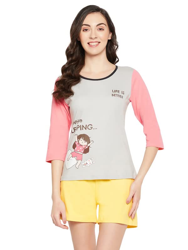 Image of Clovia Women's Cotton Print Top & Chic Basic Shorts Set (LS0661P01 Grey L)