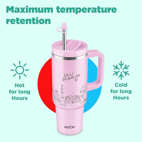 Image of MILTON Malmo 1200 Thermosteel Double Wall Vacuum Insulated Stainless Steel Tumbler with Handle 1100ml, Travel Mug with Straw,Silicon Cap,Cleaning Brush,Hot & Cold Beverage Flask,Delhi Pink