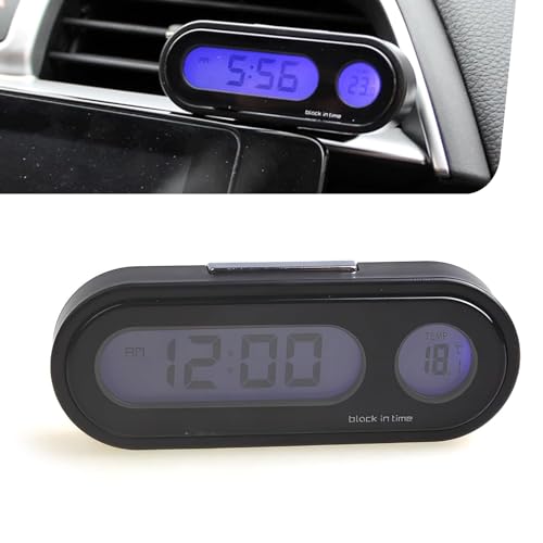 CyperFair Car Clock, 2 in 1 Night-Lighting LED Screen with Temperature Display, Adjustable Angle Dashboard Clock with Fixed Base, Self-Adhesive Switchable 12/24-hour Timing Device (Black)