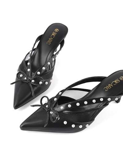 Low Kitten Heels for Women Closed Pointed Toe Stiletto Pumps with Bow Sexy Pearls Slip On Heeled Mule Sandals Dressy Pump Shoes3