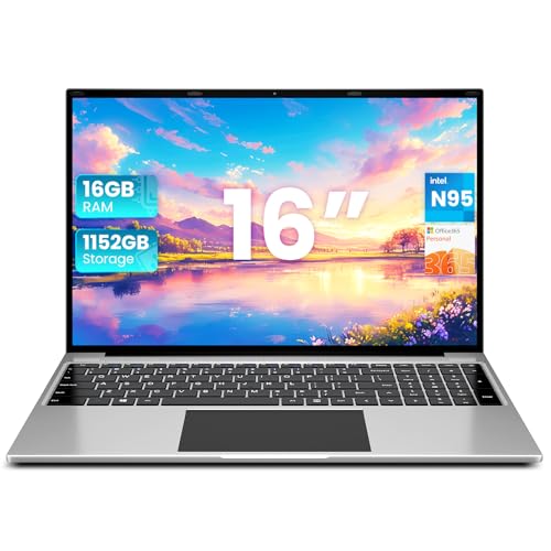 Portátil 16 Pulgadas, 16GB RAM 1152GB Almacenamiento, Office 365, Portátiles con CPU N95, Pantalla FHD IPS 1920x1200, Batería 38WH, WiFi 2.4G+5G, 2 Altavoces, HDMI, Ordenador Portátil de Negocios.