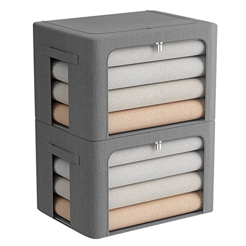 Image of FHSQX 2 Pack Clear Window Storage Bins Stackable Linen Fabric Storage for Clothes Foldable Box Organizer Set with Carrying Handles-36L (Gray, 15.7x 11.8x 11.7 Inch)