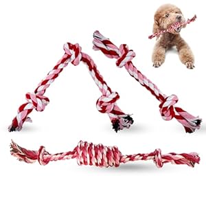 Puppy 3 Pack Cotton Knot Rope Toys for Small Dogs & Puppies, Durable Teething & Tug of War Chew Toy, Safe Interactive Toy for 2-8 Months Pets and High Active Puppy (Pink, Small)