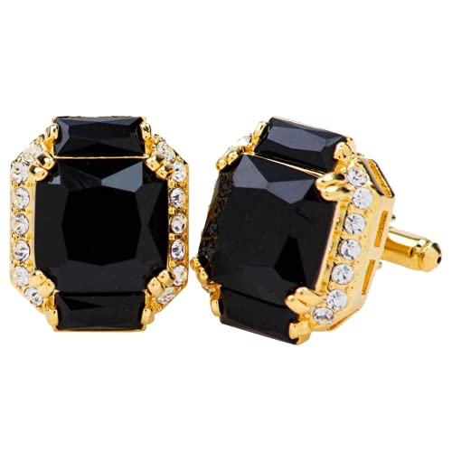 Vittorio Vico Rectangular Colored Diamond Flanked Crystal Cufflinks for Men - Unique Mens Jewelry - Best Gift for Him, Dad, Uncle, Bestfriend, Groom (Black, Gold-Plated-Stainless-Steel)