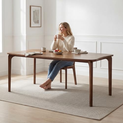 Image of DUOMAY Mid-Century Modern Walnut Color Dining Table, 63 inch Rectangular Kitchen Table with Solid Wood Legs, Curved Edges, 6-Person Table for Dining Room Living Room Kitchen