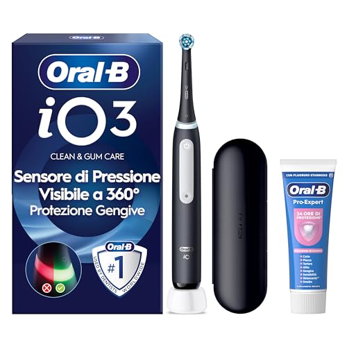 Oral-B iO 3 Spazzolino Elettrico, 1 Testina di Ricambio, Custodia, Nero - 1 Testine di Ricambio per Spazzolino Elettrico, Ricaricabile, Custodia da Viaggio + Dentifricio Oral-B Pro-Expert Sensibilità