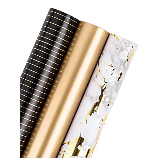 WRAPAHOLIC Wrapping Paper Roll - Mini Roll - 3 Rolls - 17 Inch X 120 Inch Per Roll - Black and Gold Foil Stripe/Marble Design