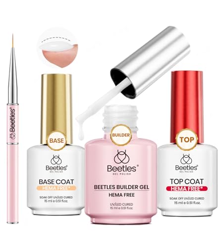 Gelab cosmetics LLC Beetles Builder Gel and Extra Glossy Top Coat No Wipe for Nails with Nail Brush, 15ml Low Heat Hypoallergenic Clear 7 in 1 Builder High Shine Long Lasting Top Coat Gel Nail Polish