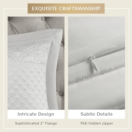 CROSCILL Quilt Set Luxe Ornamental Motif Embroidery Quilting, Oversized Coverlet for King Size Bed, Matte Satin, All Seasons, Lightweight Microfiber Coverlet Bedspread, Shams, Versailles Grey 3 Piece