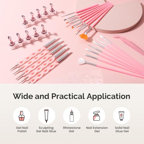 Image of MelodySusie Nail Art Tools Set, 15 Pcs Pink Nail Art Brushes, 5 Dual Tipped Sculpture and Dotting Brushes, Nail Stands, Tweezer and 100 Double-sided Tape, Manicure Design Home and Salon