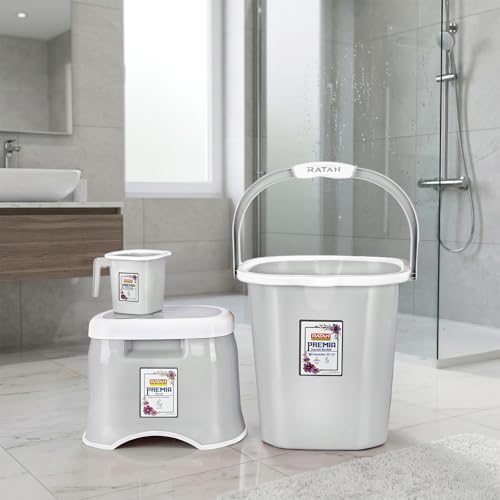 Image of RATAN PLASTICWARE Premia Bathroom Set (Bucket 25L X 1) + (Mug 1.5L X 1) + (Small Stool X 1) - Diaso Grey|Light Weight and Easy to Carry|Perfect for Use in Bathrooms, Kitchen & Wet Utility Areas
