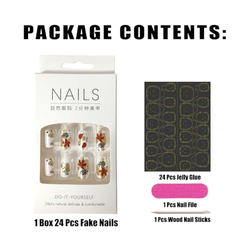 Fall Nails Press on Nails Short Square Fake Nails Thanksgiving Acrylic Nails with Fall Leaf Design Autumn Maple Leaf Decoration Gold Glossy Thanksgiving False Nails Stick on Nails for Women Girls - Image 3