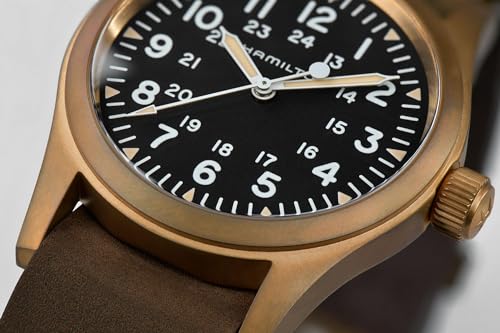Image of Hamilton Khaki Field Mechanical Men's Watch, 38mm Bronze and Titanium Case, Swiss Made, Black Dial Analog Wrist Watch for Men, 50m Waterproof, Sapphire Crystal, Cow Leather Strap