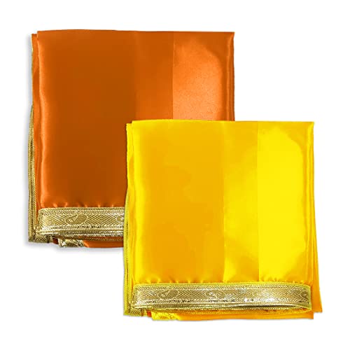 Image of Pooja Cloth for Mandir | Pooja Aasan Cloth for Mandir | Chowki Mat for Puja Table & Home Temple | Decorative Yellow & Orange Puja Kapda (1 Meter)