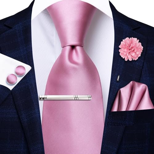 Image of Hi-Tie Solid Pink Silk Ties for Men Formal Classic Necktie and Pocket Square Lapel Pin Silver Tie Clip Cufflinks Set Wedding Business 6PCS