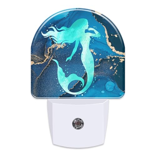Image of Watercolor Turquoise Mermaid Night Light for Kids,Navy Blue Golden Marble Night Light Plug in with Dusk to Dawn Sensor,0.5w Energy Saving Nightlight for Hallway Stairway Kitchen Bedroom