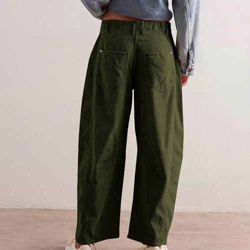 Corduroy Pants Women Barrel Mid-Rise Elastic Waist Cord Pants Wide Leg Dress Pants Baggy Casual Trouser with Pockets3