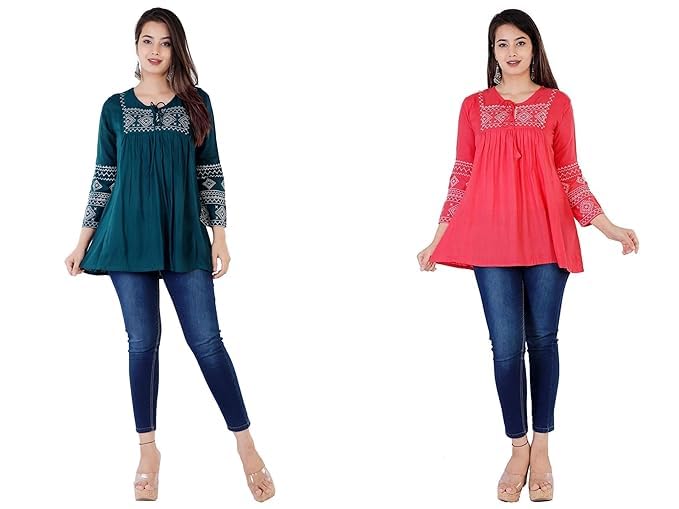 Image of Shiva Fab Short Kurti for Women | Embroidered Straight Rayon Kurta | Round Neck Full Sleeves Short Kurti for Women's Combo Pack of 2
