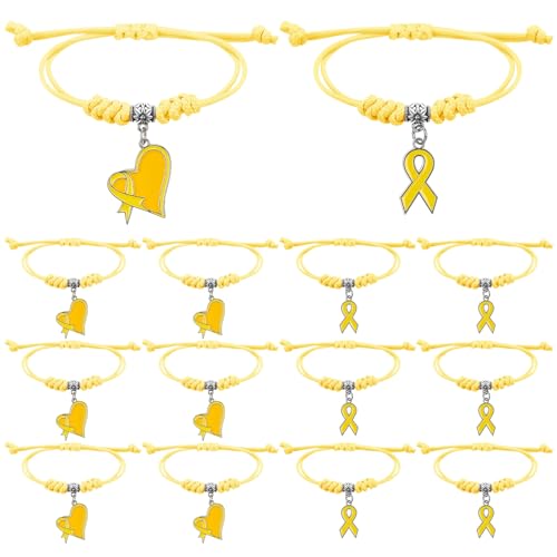 Huquary 12 Pcs Yellow Ribbon Bracelet Bulk Childhood Cancer Awareness Bracelet Adjustable Cord Inspirational Cancer Wristband for Bladder Bone Sarcoma Awareness Event Public Charity Fundraising